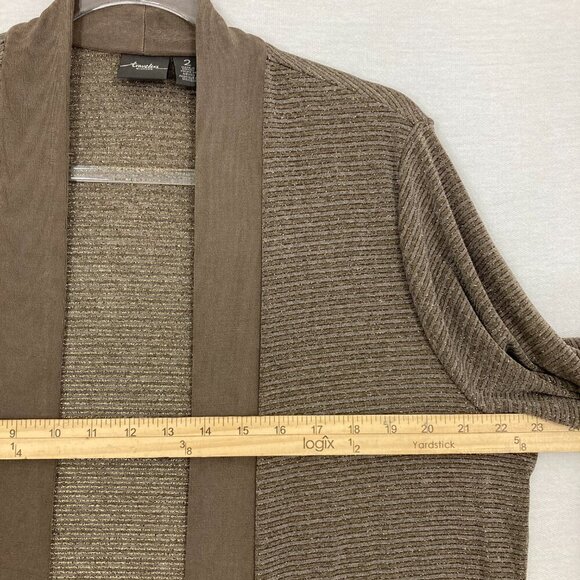 Chico’s Travelers Brown Slinky Knit Open Front Draped Metallic Cardigan Large/2 - Picture 6 of 9
